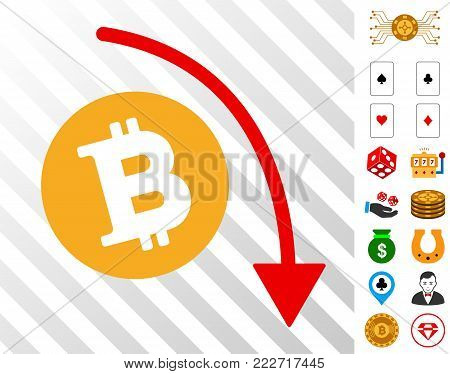 Bitcoin Fall Down Trend icon with bonus gambling symbols. Vector illustration style is flat iconic symbols. Designed for casino software.