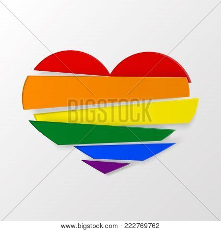 LGBT rainbow pride flag in a shape of Stripes broken heart on white background. Lesbian, gay, bisexual, and transgender 3d paper art heart. Vector illustration. Stock clipart.
