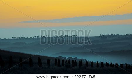 Beautiful sunrise and picturesque landscapes in Tuscany