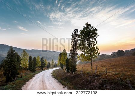 Russian Road At Sunrise. Travel Trip Journey Concept