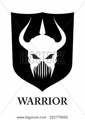 Barbarian. Warrior With The Three Horn. Horned Barbarian Isolated On Black Shield.
