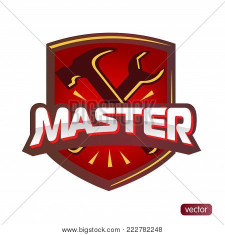 Logo Master lettering Brand symbol service mark. Isolated on white background. Vector illustration - embossed text master, hammer and wrench. For appliance repair, shoes, cars.