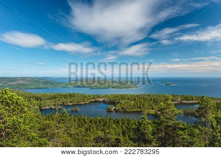 The view from a mountain at the High Coast natioanl park in Sweden. Skuleskogen national park in summer.