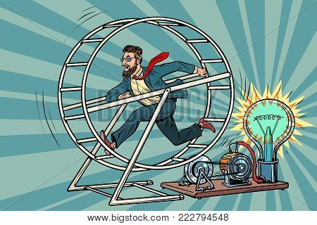 Hipster businessman produces electricity, power generator. Pop art retro comic book vector illustration