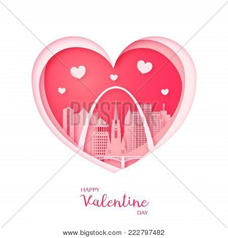 Valentines card. Paper cut heart and the city St. Louis. Happy Valentine day. Vector illustration.