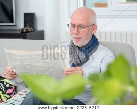 handsome mature man reading a newpaper on sofa