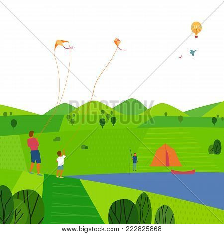 Green valley landscape. Colorful cartoon nature scene. Summer season family weekend. Vacation leisure activity. Fishing, kiting on river. Father son with kites on lake. Vector countryside background