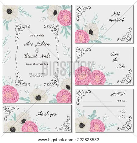 Save the date card with pink camellias, white anemone flowers, dusty miller and gypsophila. Holiday floral design for wedding invitation. Vintage hand drawn vector illustration in watercolor style