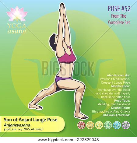 Illustration of Yoga Exercises with full text description, names and symbols of the involved chakras. Female figure showing the position of the body, posture or asana in sitting position.