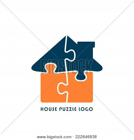 House Puzzle Logo, Jigsaw Home illustration. Vector flat style logotype.