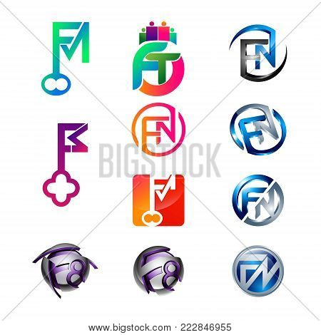 3d Letters Fm, Ft, Fn, F8 Initial Alphabet Logo Design Template Elements
