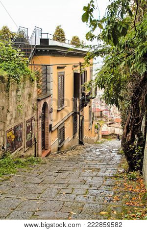 view of the city of Naples from the Old stairs in the city of Naples called Pedamantina, Unesco world heritage.
