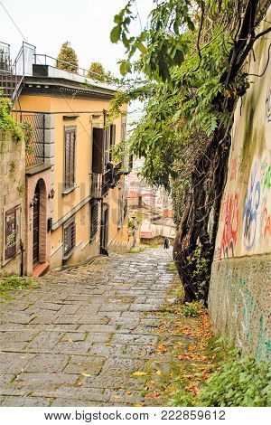 view of the city of Naples from the Old stairs in the city of Naples called Pedamantina, Unesco world heritage.
