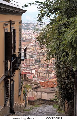 view of the city of Naples from the Old stairs in the city of Naples called Pedamantina, Unesco world heritage.