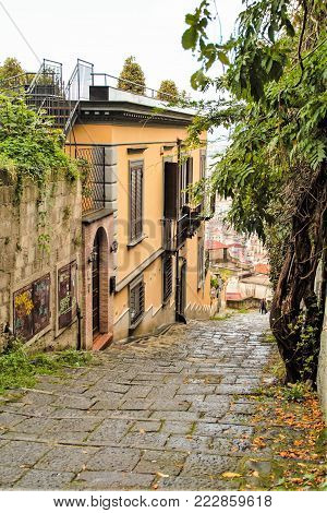 view of the city of Naples from the Old stairs in the city of Naples called Pedamantina, Unesco world heritage.
