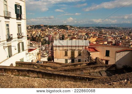 view of the city of Naples from the Old stairs in the city of Naples called Pedamantina, Unesco world heritage.