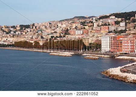 Naples cityscape and Via Partenope waterfront, Naples, Italy