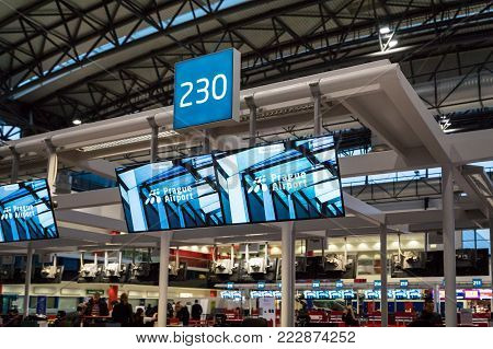 Prague, Czech Republic - December 2017: Check-in counter area of Vaclav Havel Airport formerly known as Ruzyne - international airport of Prague, Czech Republic, located 12 km west of the city.