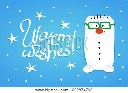 Cute snownam with green eyeglasses. Vector illustration in paper cutting out style