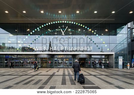 Vienna, Austria - December 2017: Vienna Hauptbahnhof train station entrance. Vienna Hauptbahnhof is the main train station in Vienna, Austria.
