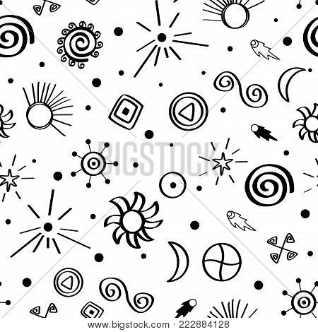 Seamless vector pattern with modern and anchient sky symbols. Retro textile collection. White and black.