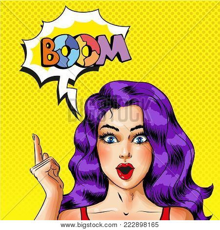 Vector illustration of beautiful woman pointing finger, boom speech bubble. Wonder girl gesturing in retro pop art comic style.