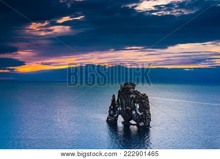 View of basalt stack Hvitserkur at Vatnsnes peninsula in the morning in Iceland