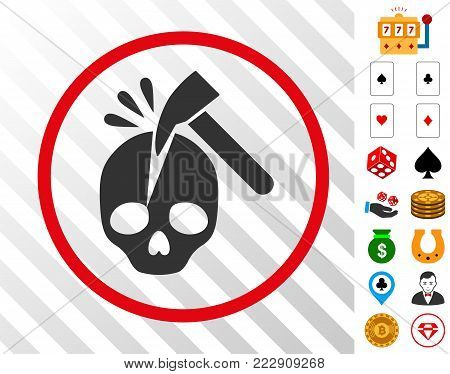 Break Skull gray pictograph inside red circle with bonus gambling symbols. Vector illustration style is flat iconic symbols. Designed for gamble websites.