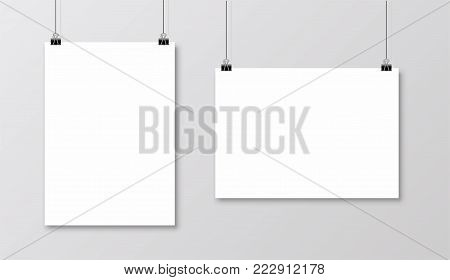 Empty A4 sized vector paper frame mockup hanging with paper clip - stock vector.