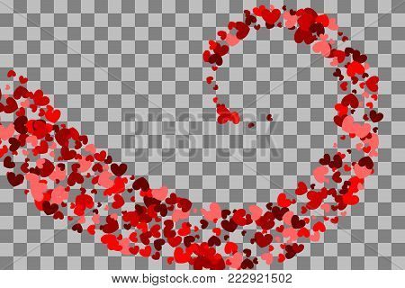 Red heart holiday frame. Valentines Day confetti shimmer hearts. Love vector decoration design. Swirl origami banner. Romantic transparent background illustration random falling. Paper Valentine.