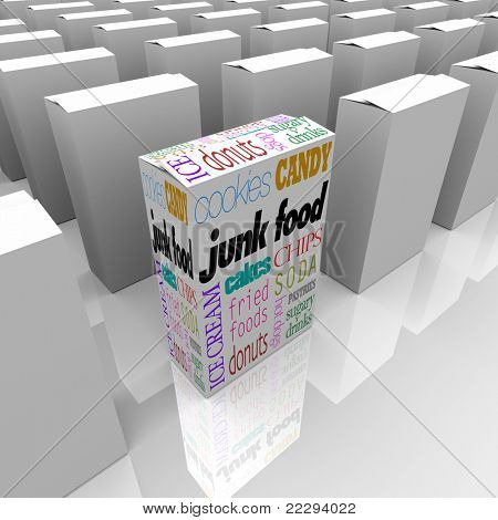Nombre de boîtes sur les tablettes d'un magasin, un avec divers mots représentant malbouffe qui promettent rien mais 