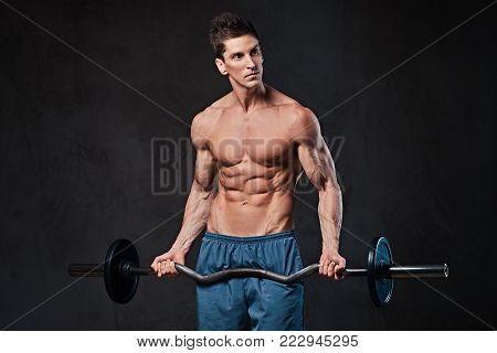 Athletic shirtless male biceps barbell workout over grey background.