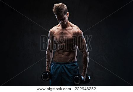 Athletic shirtless male biceps dumbbell workout over dark grey backgroud.