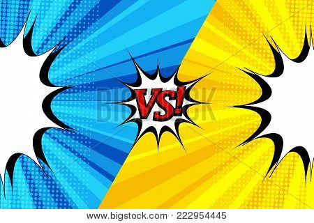 Comic duel bright template with two opposite blue and yellow sides, blank speech bubbles, halftone effects on radial backgrounds. Vector illustration