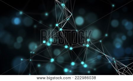 Blue abstract background: plexus connected lines with defocused lights in the background. Science, engineering and technology theme. Depth of field settings. 3D rendering