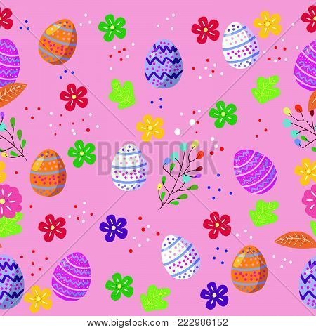 cute easter eggs seamless pattern with coulerful flower on cool background  Vector illustration