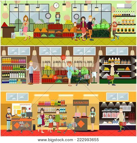 Vector set of posters with grocery store or supermarket interior with cashiers, promoters, buyers men, women, families. People making purchases concept. Flat style design.