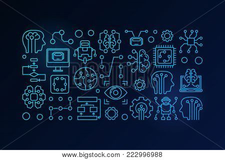 Machine learning and artificial intelligence vector blue outline illustration on dark background
