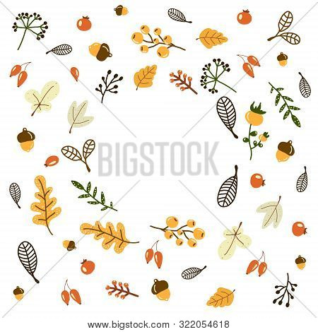 Vector Wreath Of Autumn Leaves And Berries In Hand Drawn Style. Beautiful Round Wreath Of Yellow And