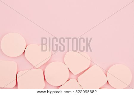 Makeup Foundation Sponges Over Pink Background. Great For Applying Powder , Liquid, Cream, Blush. Be