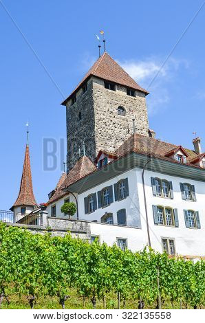Historical Building Of Beautiful Spiez Castle In Spiez, Switzerland. Medieval Castle, Fortress. Swis