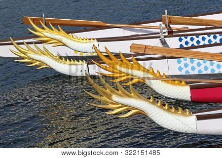 Kyiv, Ukraine - September 13, 2019: Close-up Dragon Boats Seen During The Icf Dragon Boat Club Crew 