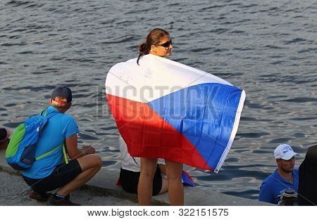 Kyiv, Ukraine - September 13, 2019: Czech Republic Supporter Watch The Icf Dragon Boat Club Crew Wor