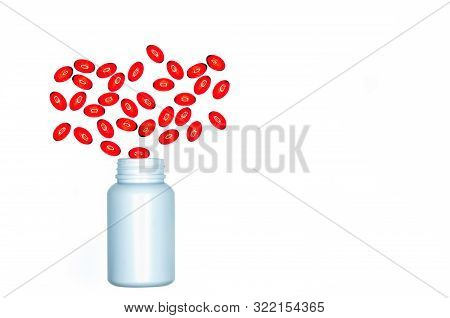 Pour Red Soft Gel Capsule Pills Out Of Drug Bottle Isolated On White Background. Red Soft Gelatin Ca