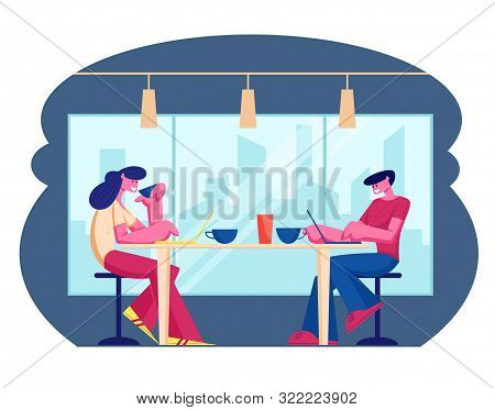 Young People Visiting Cafe And Hospitality Concept. Male And Female Characters Sitting At Tables Dri