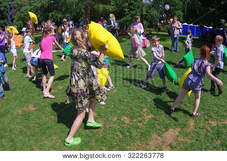 Moscow, Russia - June 01, 2013: Children Taking Part In Pillow Fight On Children Protection Day In T