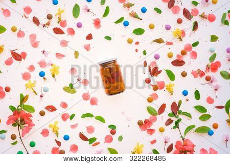 Recreational Drugs Conceptual Flat Lay Top View Of Various Medication On Colorful Background