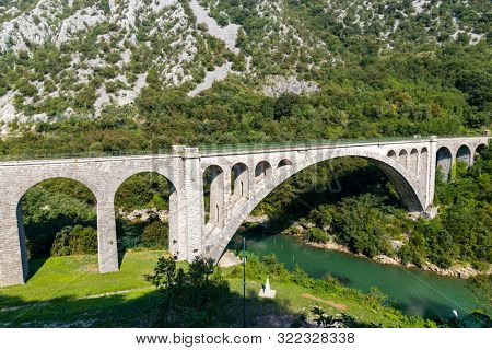 Solkan bridhe on the River Soca, Slovenia