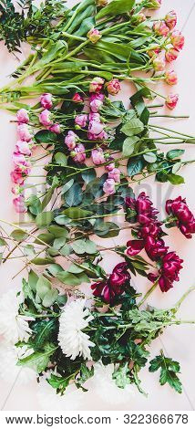 Purple Peonies, Pink Roses, Tulips, White Chrisanthemums