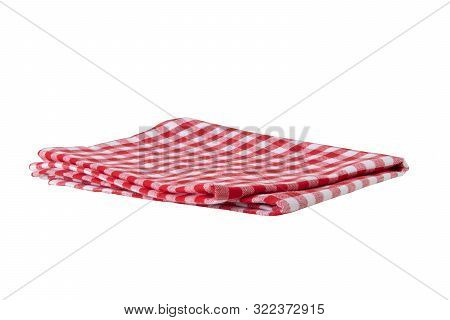 Red And White Checkered Napkin Isolated On White Background. Kittchen Accessories.
